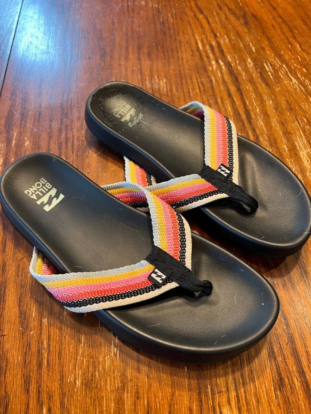 Billabong Black Flip Flops with Multicolor Stripe Webbing
